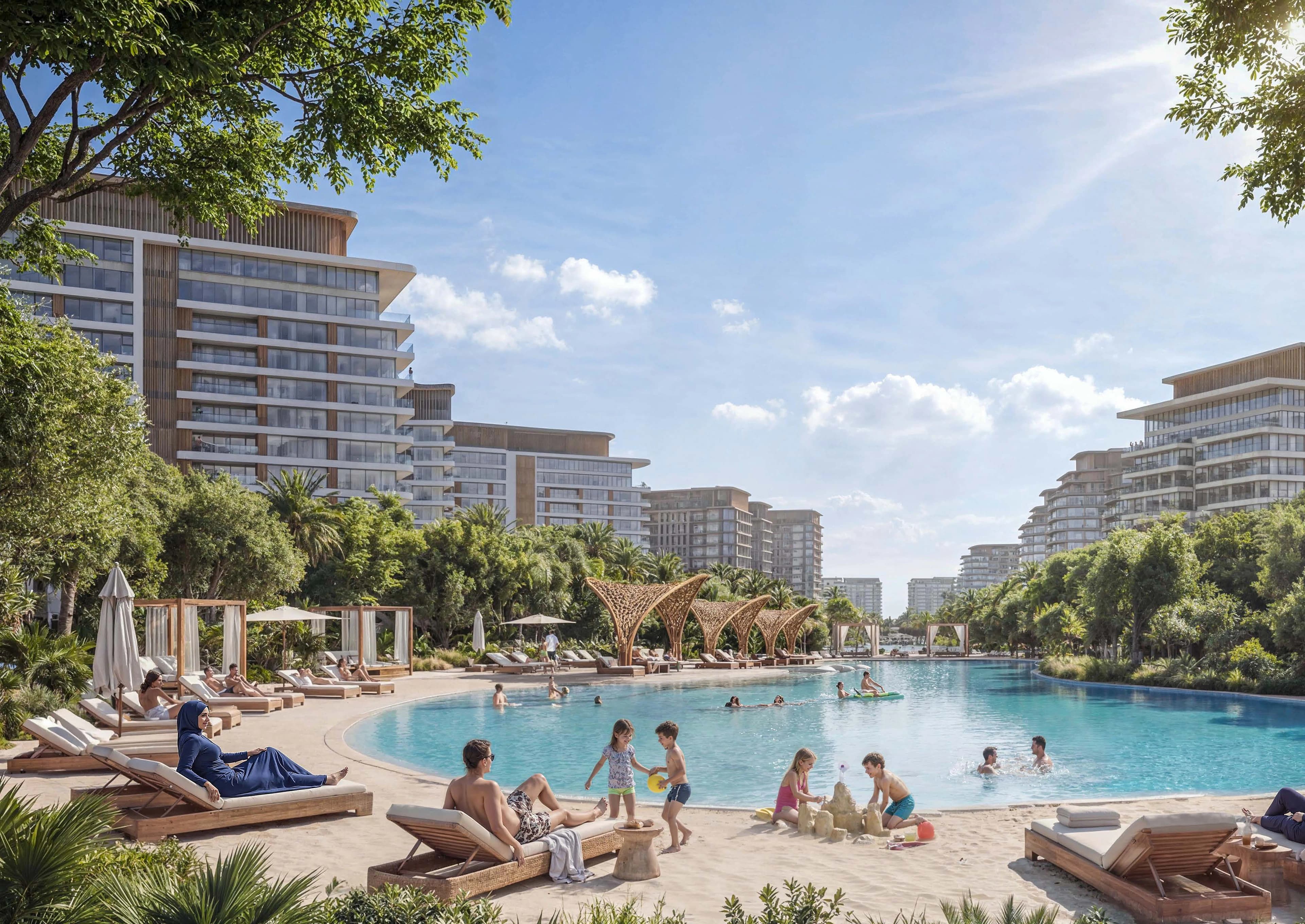 The Woods Abode — lagoon pool with sandy beach, cabanas, and mid-rise apartment buildings