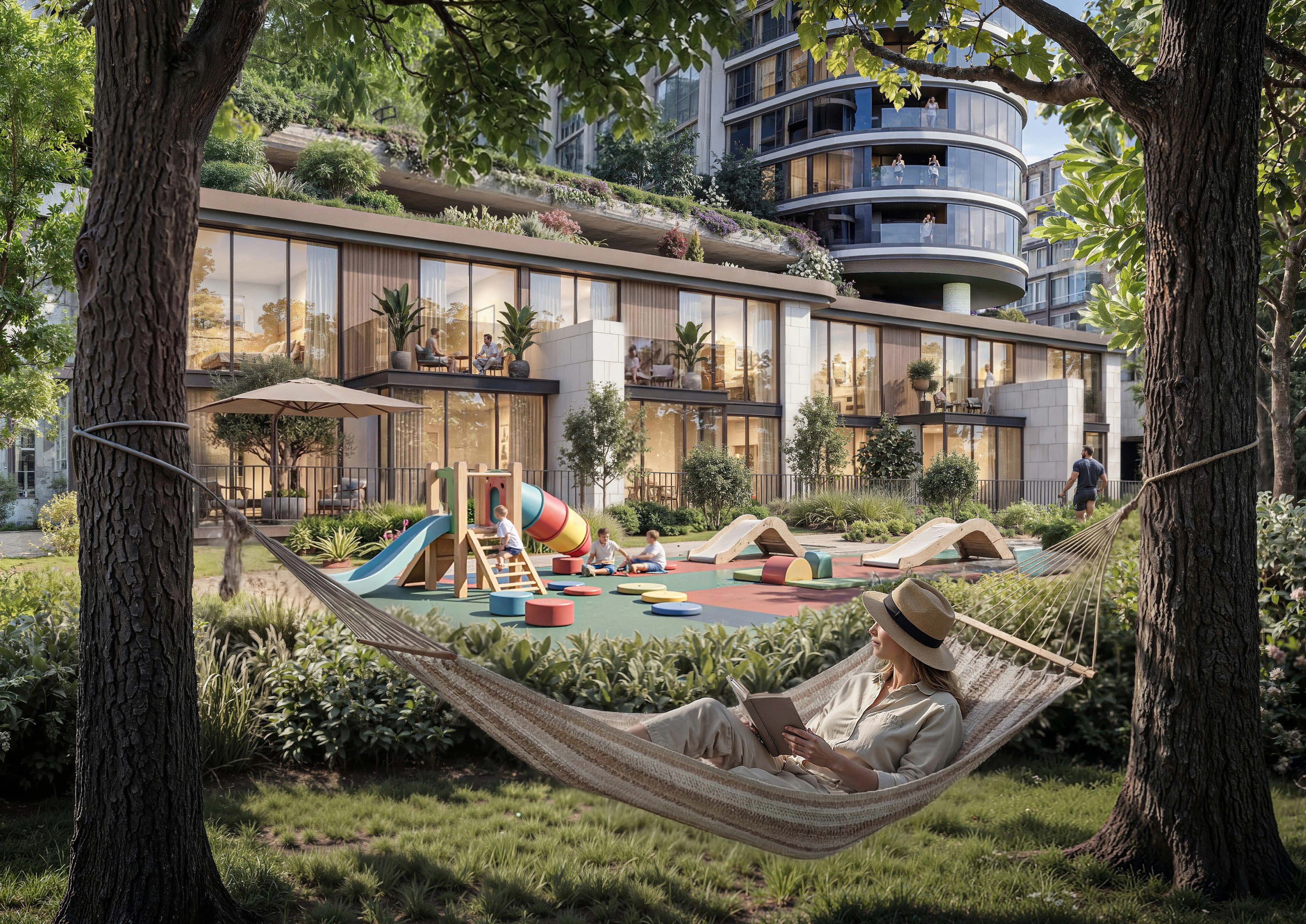 The Woods Abode — family hammock and playground with curved residential tower
