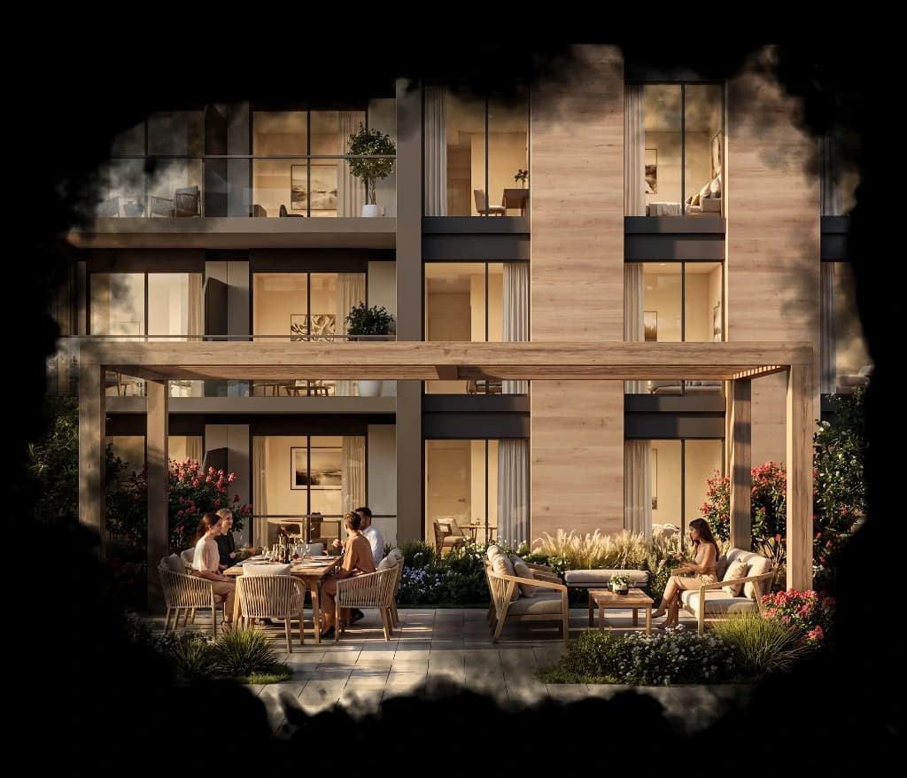 The Woods Abode — residents dining at an outdoor table and relaxing on a patio under a pergola, with illuminated apartment towers and lush landscaping at dusk