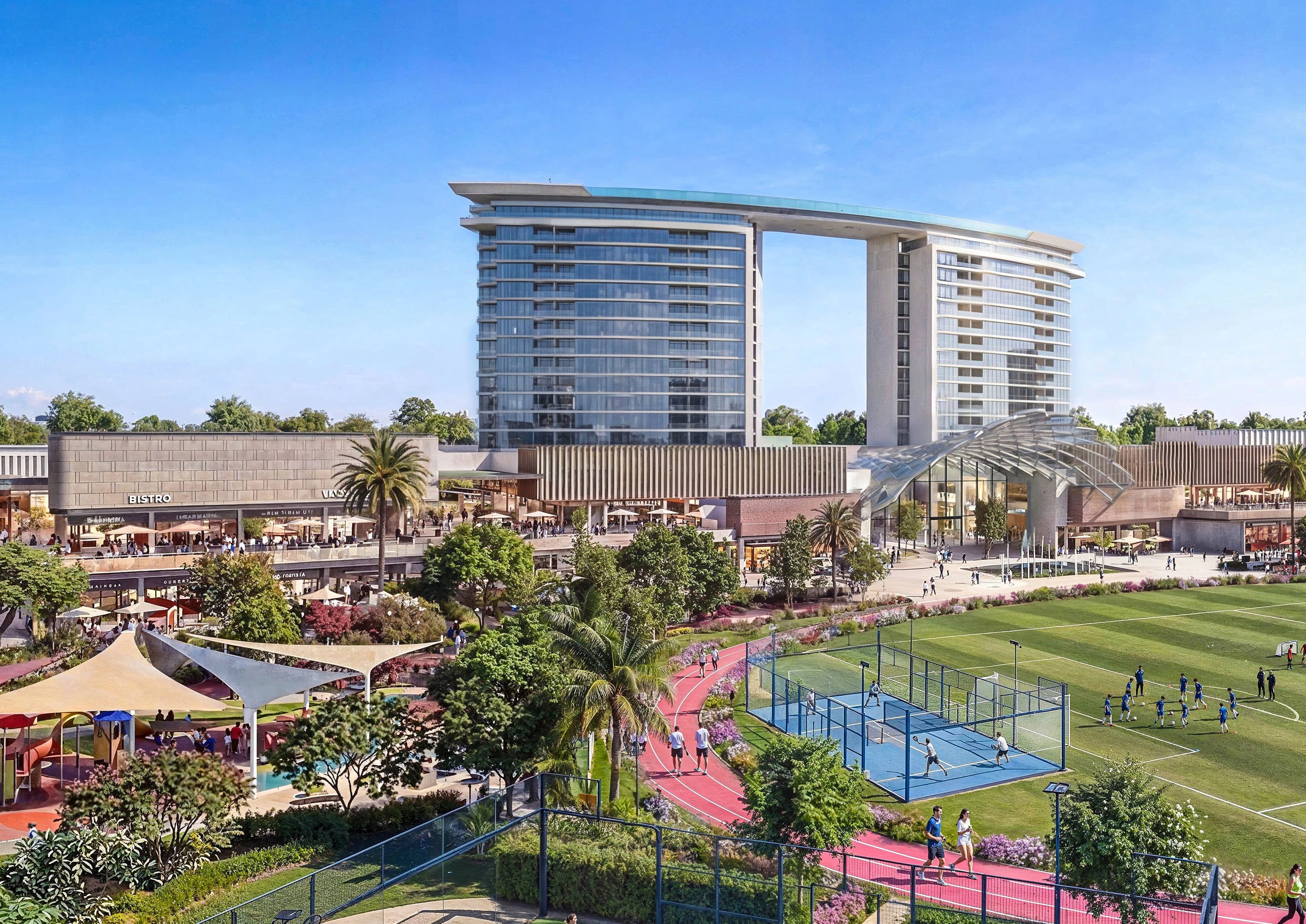 Outdoor Fitness at The Woods Outdoor fitness zones with twin towers, sports courts, and bistro plaza at Sobha Sanctuary