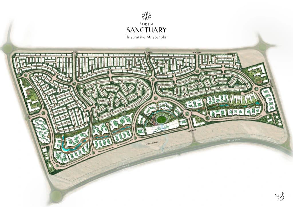Sobha Sanctuary illustrative masterplan in Dubailand showing villa clusters, apartment districts, green corridors, and main access points