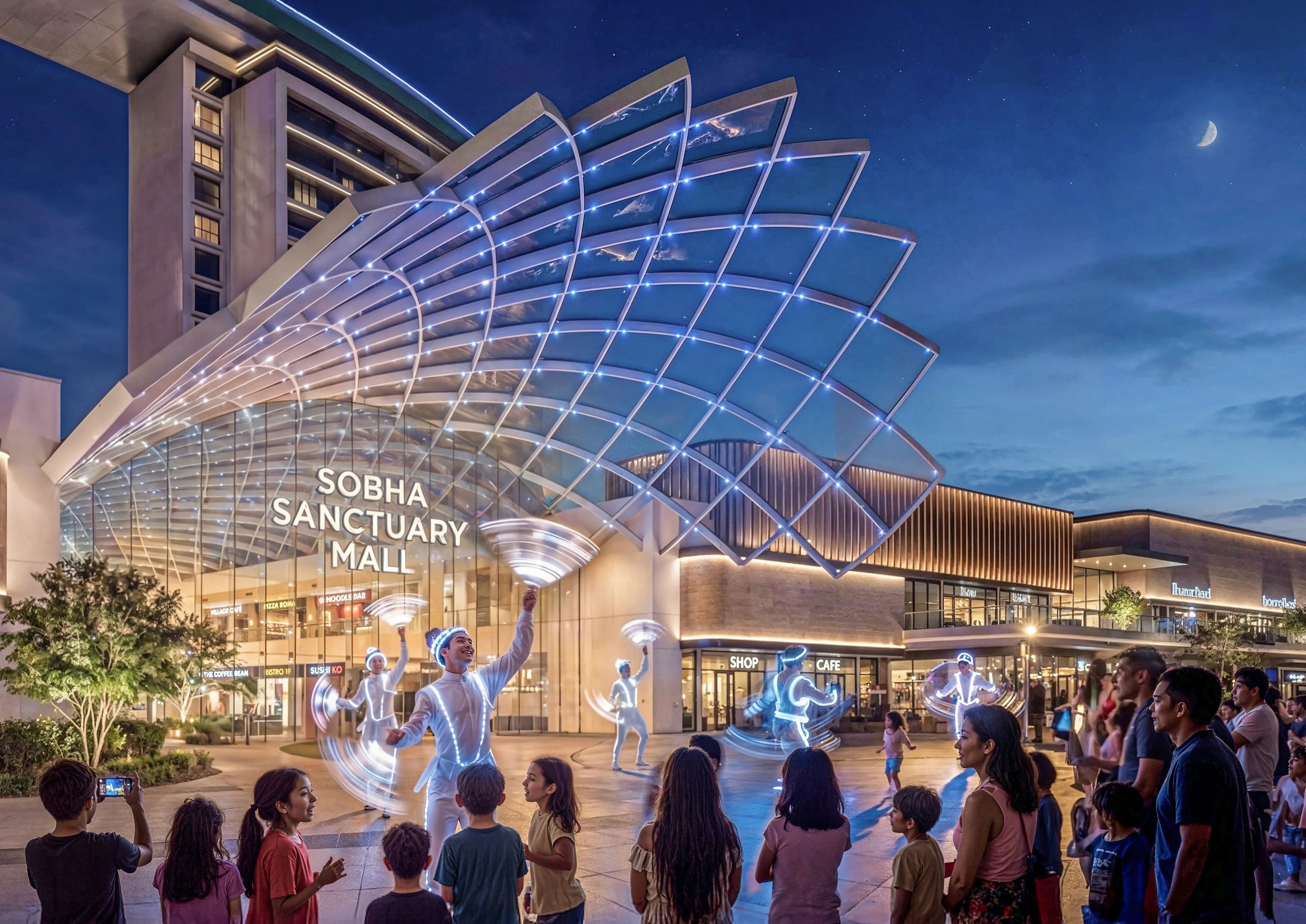 Sobha Sanctuary Mall entrance with illuminated sail canopy and community plaza at twilight