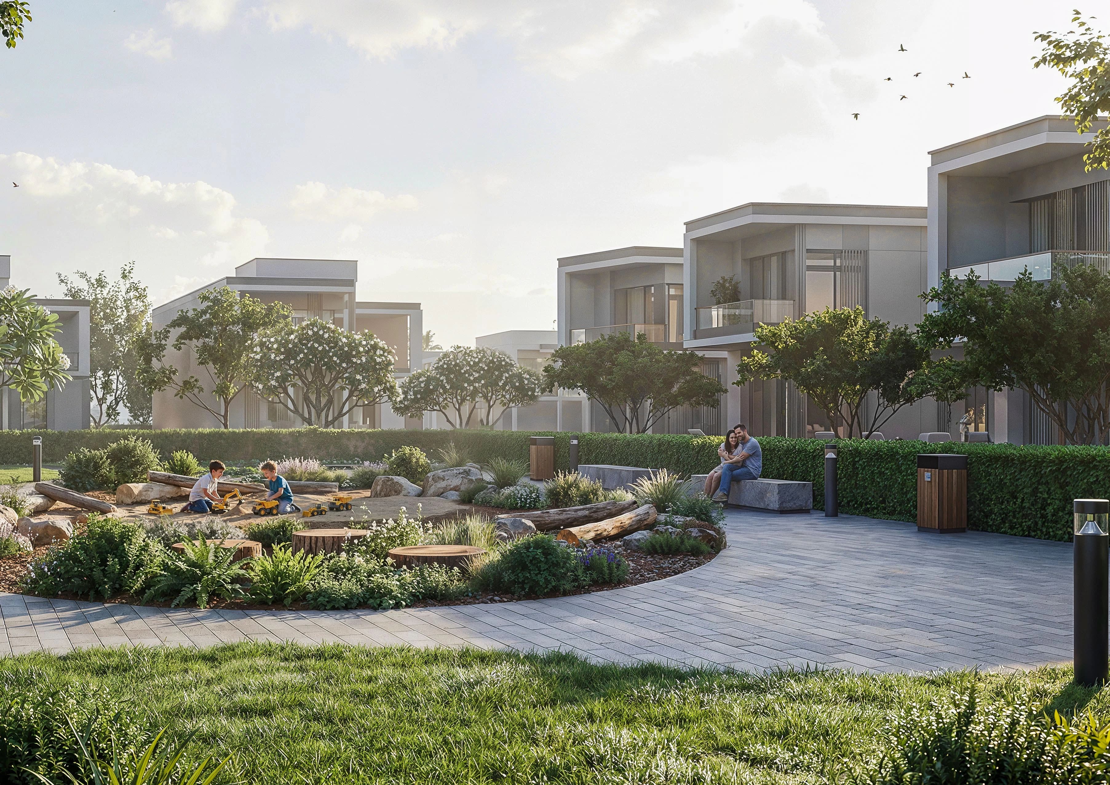 The Woods Retreat — community park with sandpit, villas, and landscaped pathways at golden hour