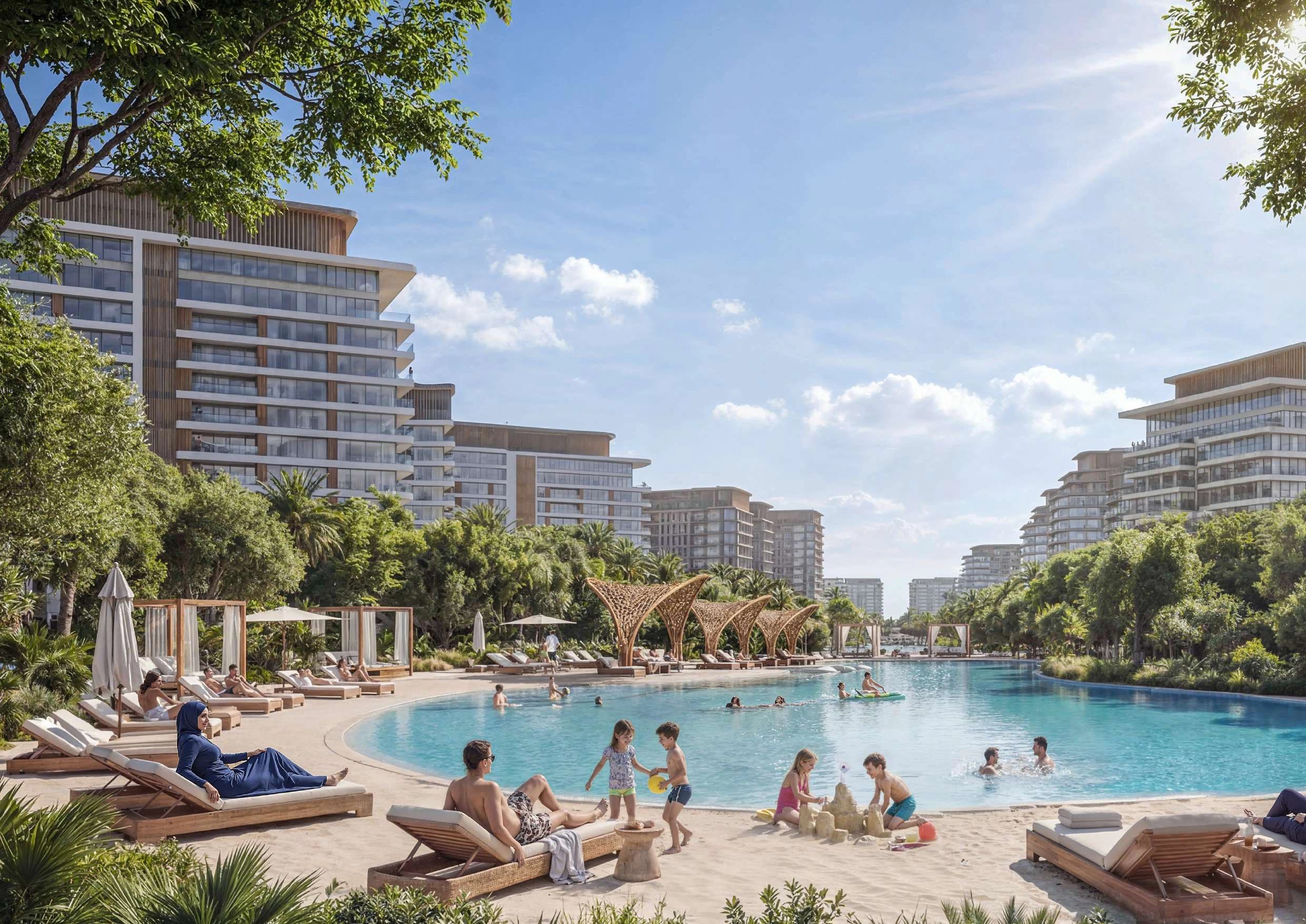 The Woods Serenity — lagoon pool with sandy beach, cabanas, and tropical landscaping