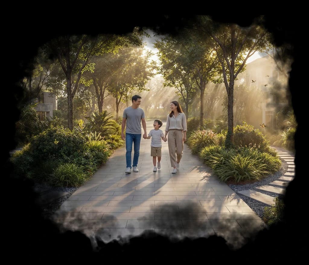 A family walking together along a tree-lined pathway at golden hour within The Woods at Sobha Sanctuary