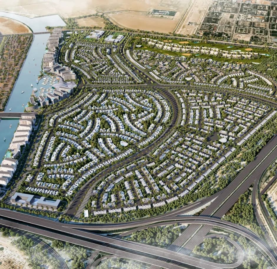 Official Sobha Realty marketing image of the Sobha City Abu Dhabi masterplan, showing the published community layout beside the highway and water.