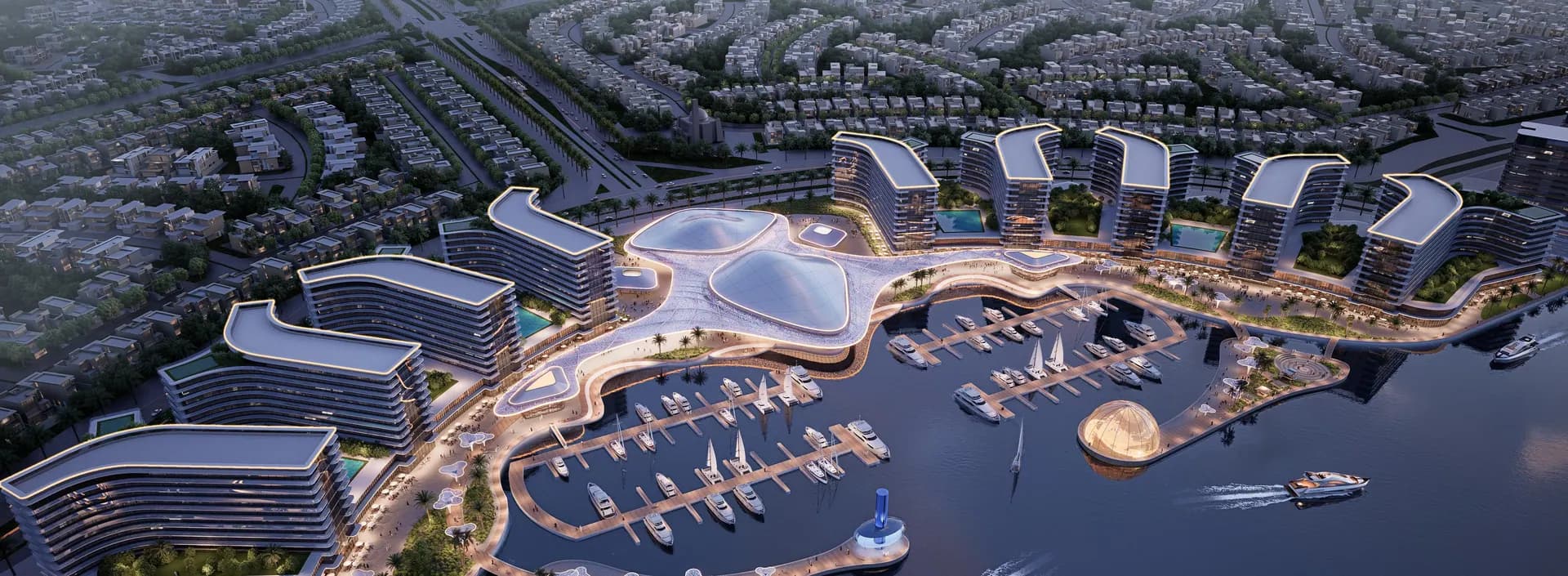 Official Sobha Realty marketing image of Sobha City Abu Dhabi, showing the published waterfront and marina at night.