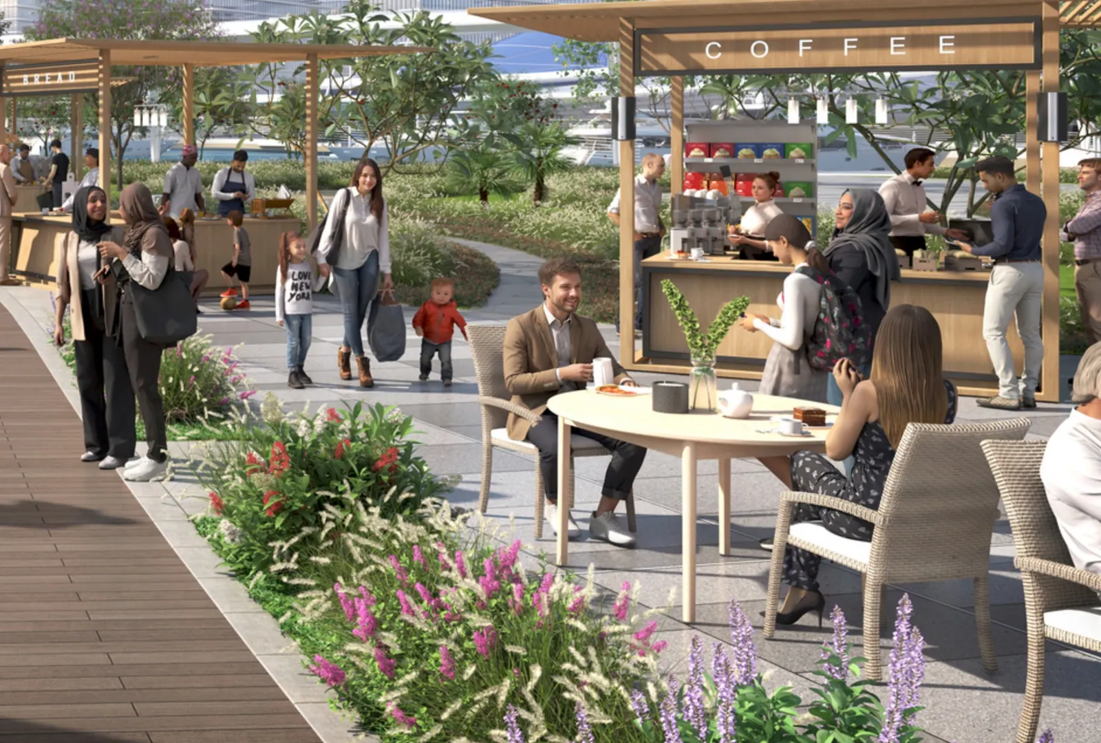 Official Sobha Realty marketing image of a landscaped plaza and outdoor cafe at Sobha City Abu Dhabi.