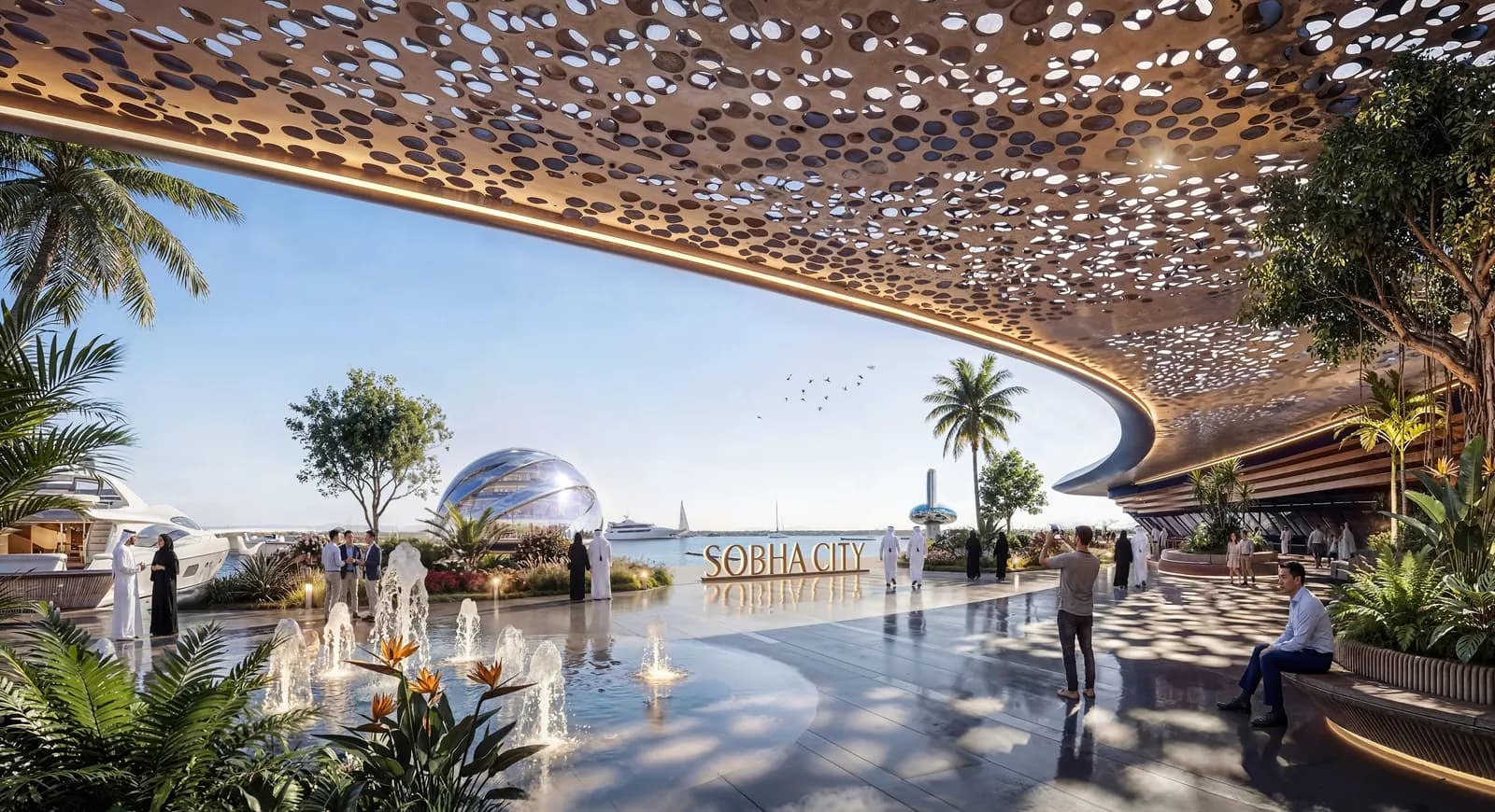 Official Sobha Realty marketing image of a waterfront promenade at Sobha City Abu Dhabi.
