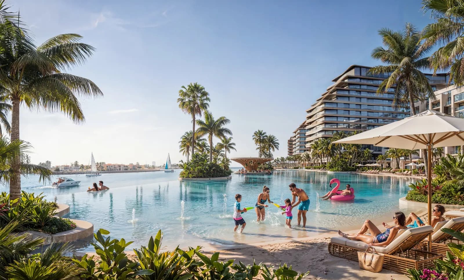 Official Sobha Realty marketing image of River Cove Residences at Sobha City Abu Dhabi, showing a lagoon and beach edge.