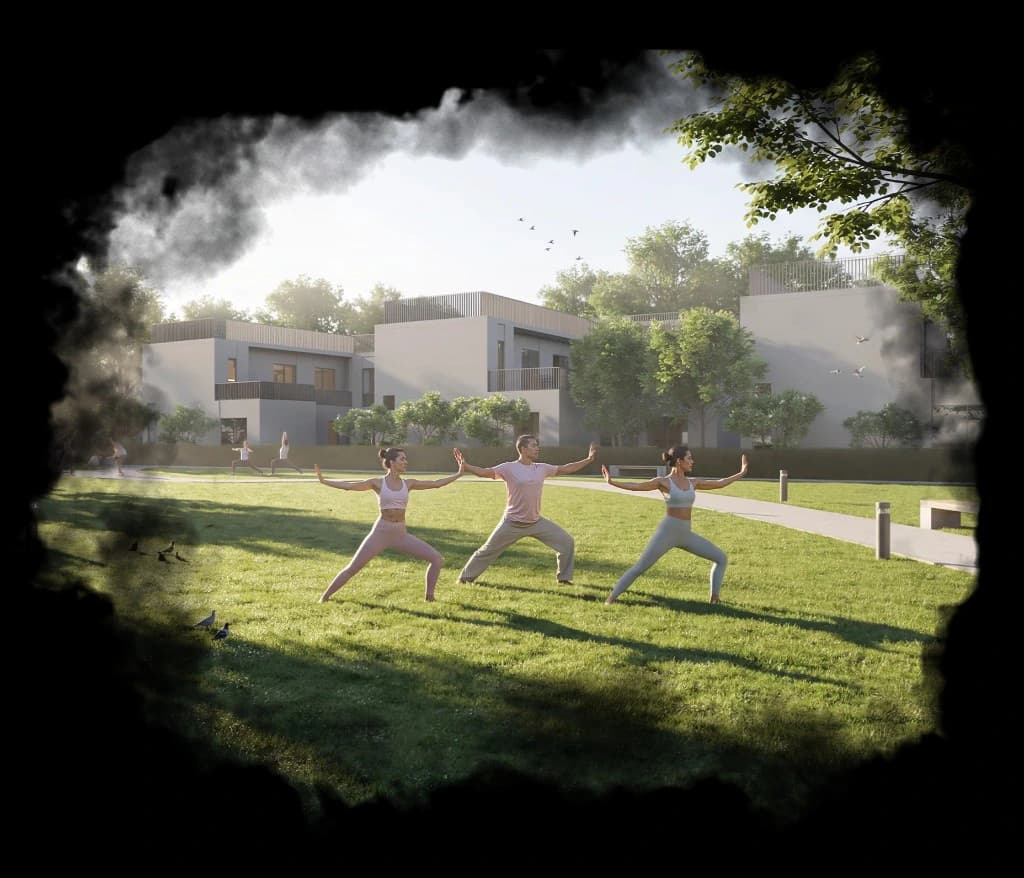 The Willows — residents practising tai chi and yoga on a landscaped community lawn in front of modern townhouses at Sobha Sanctuary